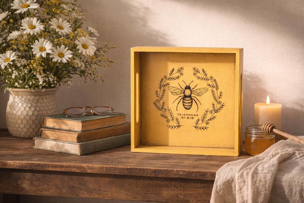 Wooden Bee Tray • Yellow Decorative Tray • Nature‑Inspired Home Decor Accent